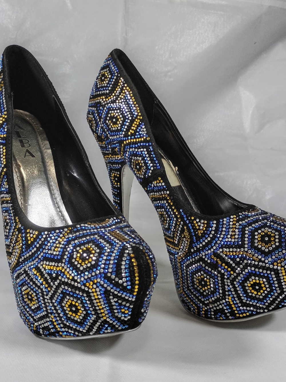 Beaded Blue and Gold Platform High Heels